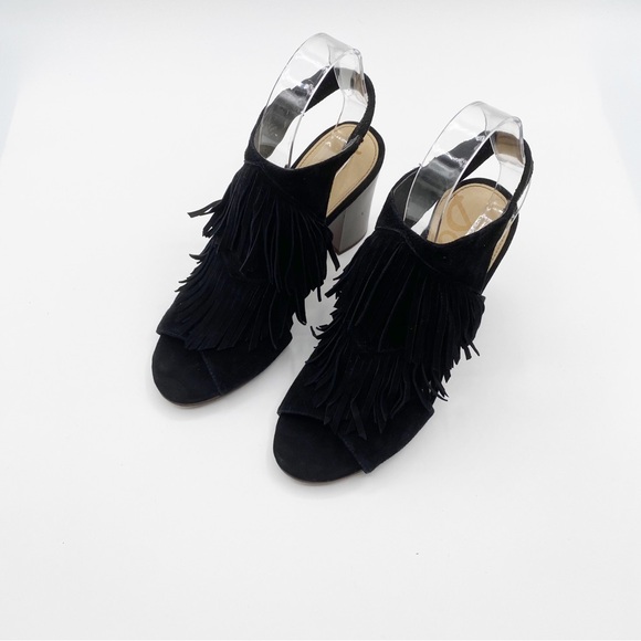 Sam Edelman Black Leather Fringe block heel sandals Size 6M - Picture 2 of 8